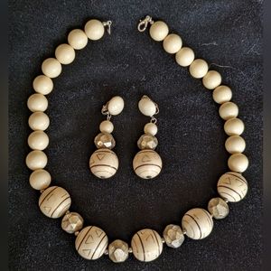 Vintage Necklace w/ Matching Clip Earrings, Cream/Silver Beads, Triangle Print